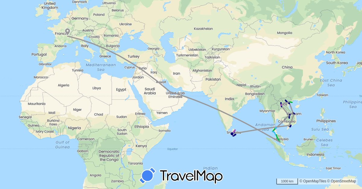 TravelMap itinerary: driving, bus, plane, train, boat in France, Cambodia, Laos, Sri Lanka, Malaysia, Qatar, Thailand, Vietnam (Asia, Europe)